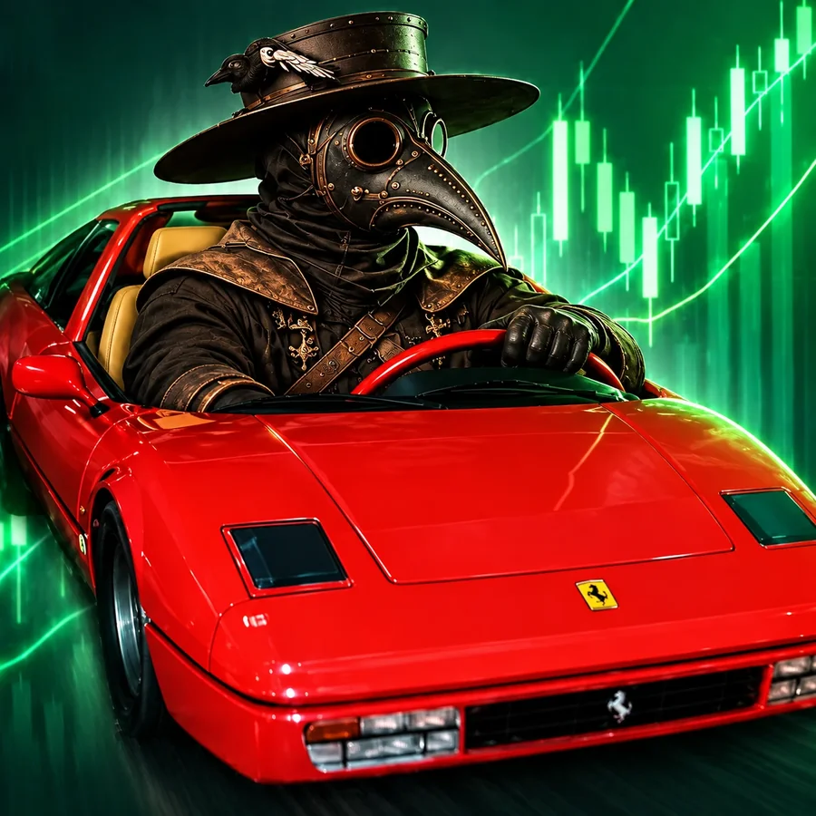 A plague doctor in a wide hat and beaked mask driving a red sports car, green price candles glowing behind him