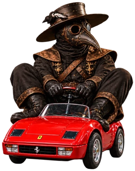 The plague doctor squeezed onto a child-size red toy car