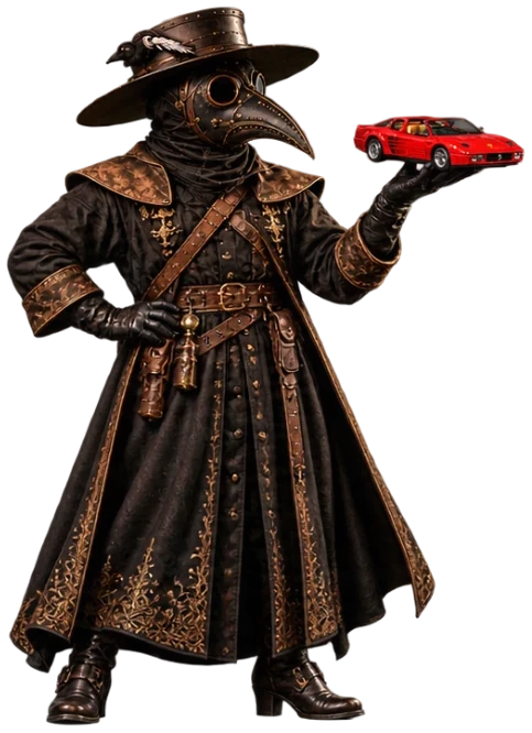 The plague doctor standing with a tiny red sports car on his palm