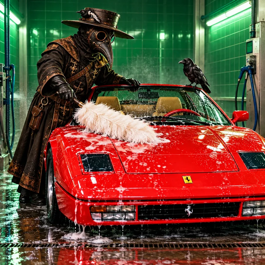 The plague doctor washing the red sports car with a white feather duster in a green-tiled car wash, a raven on the windscreen